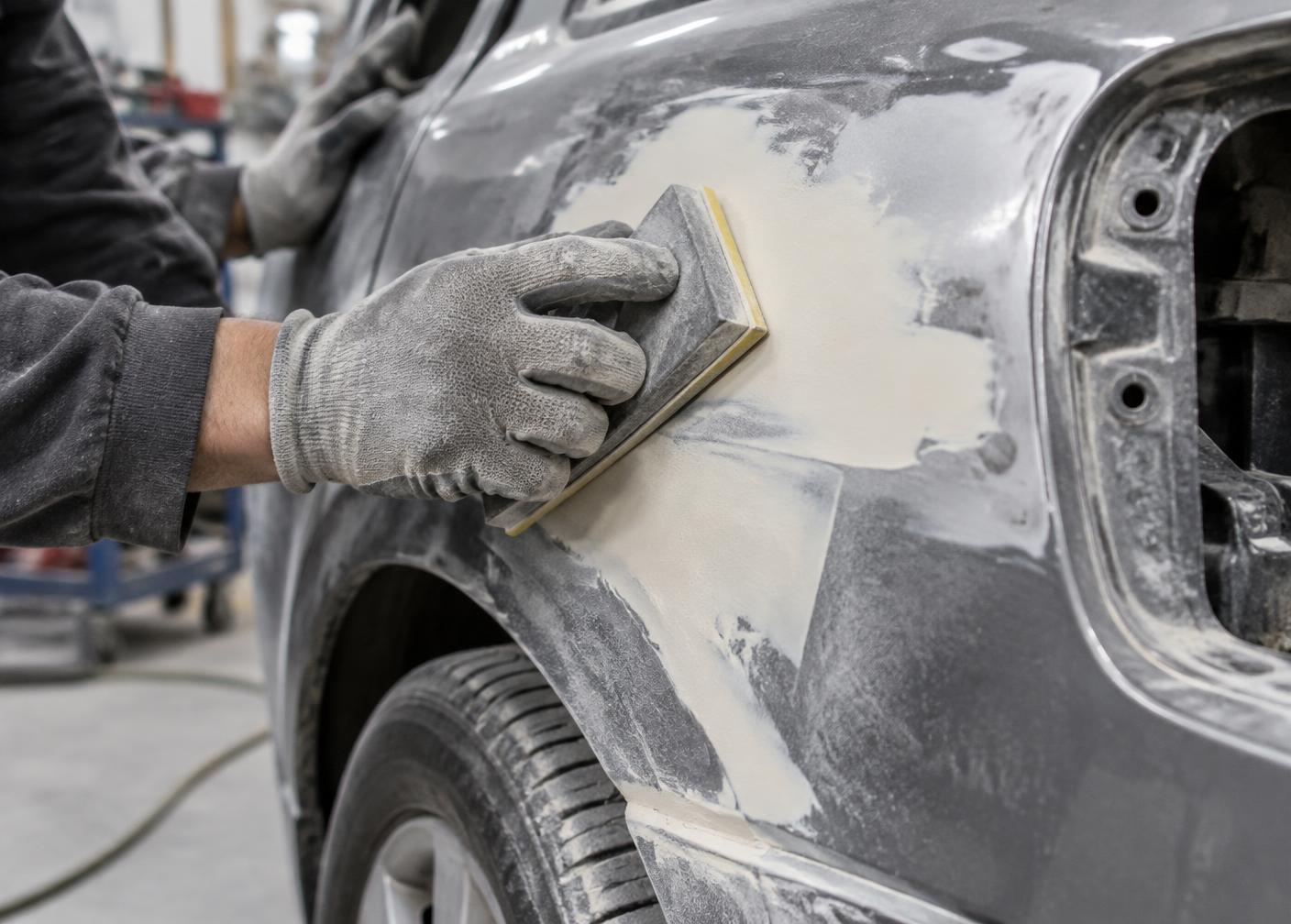 Close-up of a technician block-sanding body filler on a repaired car panel